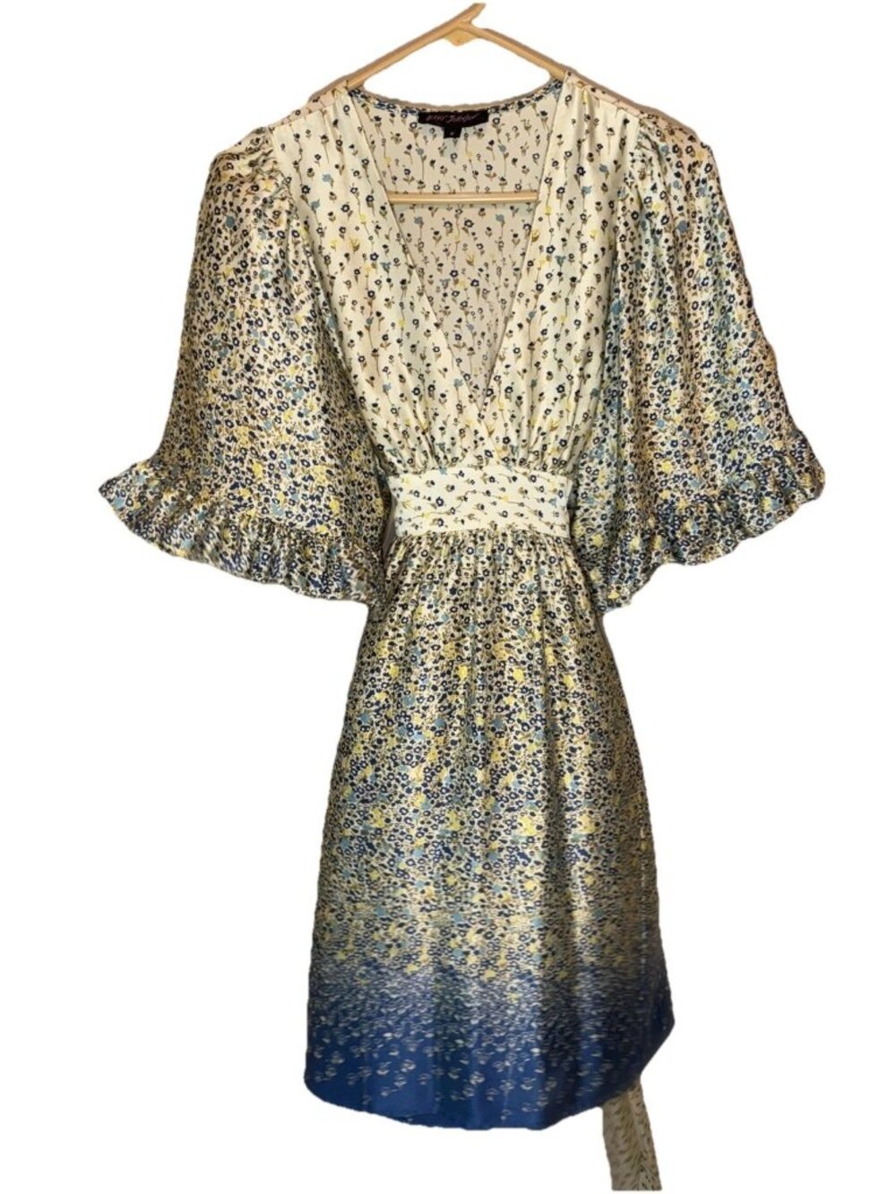 Rare Y2K Betsey Johnson Floral Empire Waist Kimono Bell Sleeve 100% Silk Dress 6